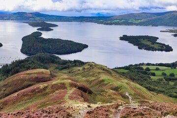 View of loch lomond lake water from conic hill in scotland when hiking and walking