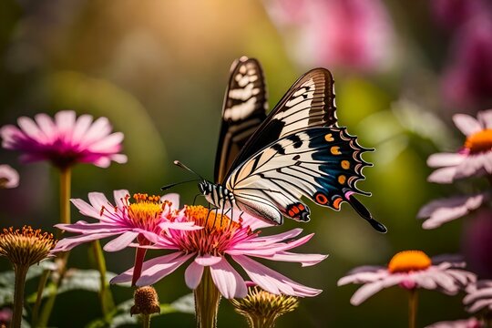 An elegant swallowtail butterfly gently sipping nectar from a delicate pink flower