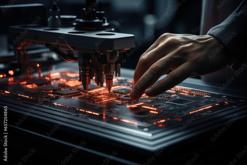 Poster a person's hand holding a quantum microscope, emphasizing the precision in quantum imaging. generati