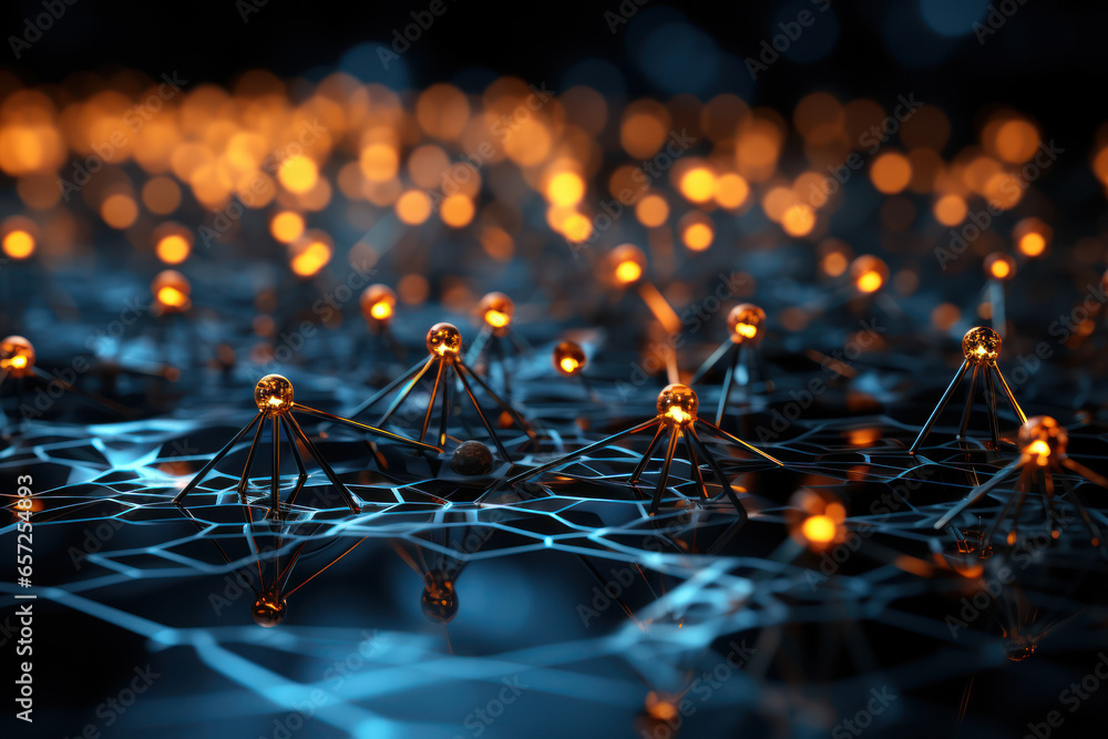 Poster an abstract representation of a quantum network, symbolizing the interconnectedness of quantum entit