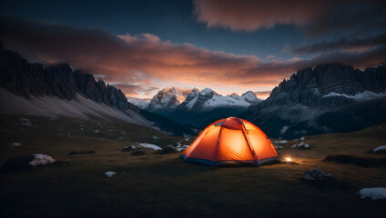 camping with a tent in the high mountains - obrazy, fototapety, plakaty