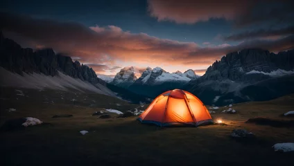Poster camping with a tent in the high mountains © Amir Bajric