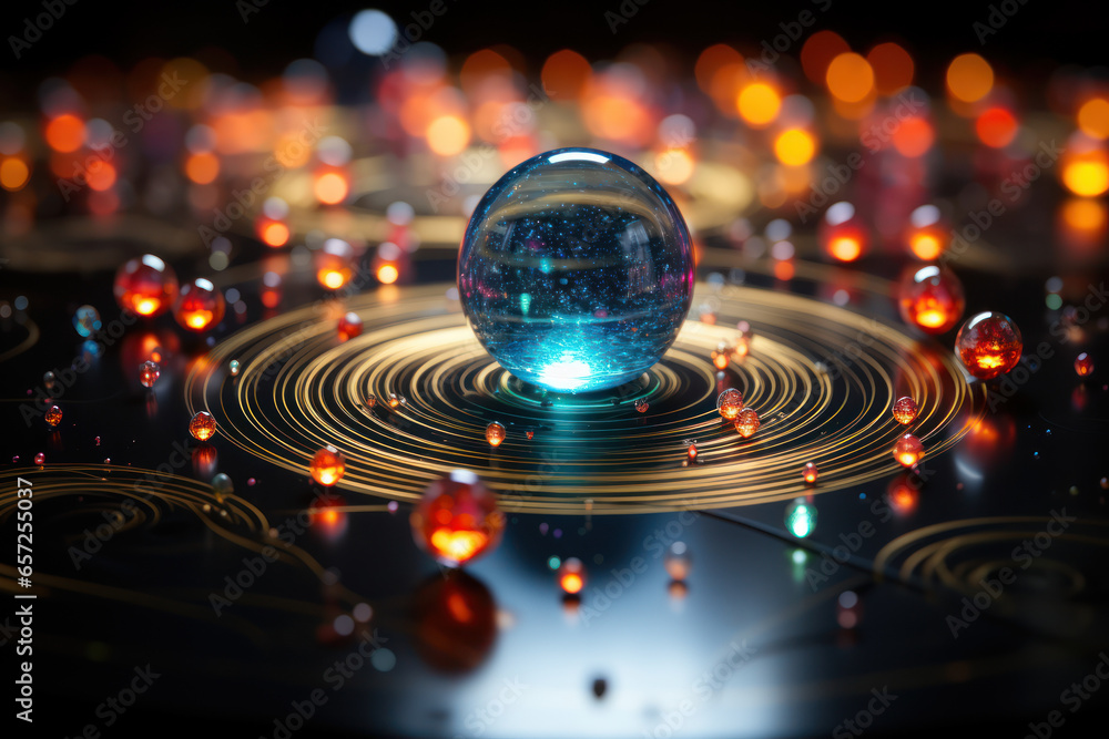 Poster a quantum particle in a superposition of states, symbolizing the inherent uncertainty in quantum mea