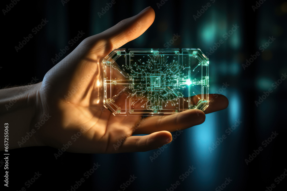 Poster a person's hand holding a glowing quantum key, symbolizing the role of quantum cryptography in secur