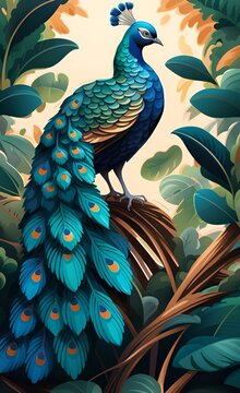 Graphic illustration of a peacocks and leaves. Design for interior project, wallpaper, photo wallpaper, mural, poster, home decor, card, packaging, Generative AI