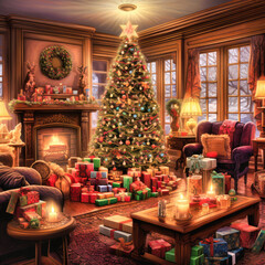 Christmas Season. Elegantly Decorated Christmas Tree Stands Tall, Surrounded by an Abundance of Lovingly Wrapped Presents
Generative AI technology