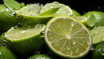 Colourful slices and halves of fresh lime with clear water drops.