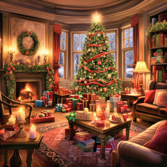 A cozy Christmas scene in a family living room. Christmas Season. Amidst the Soft Glow of Lamps and the Warm Embrace of a Crackling Fireplace
Generative AI technology