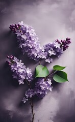 Beautiful lilac branches on the concrete grunge wall. Lilac flowers. Blooming lilac. Floral background in loft, modern style. Design for wall mural, card, postcard, wallpaper, photo, Generative AI