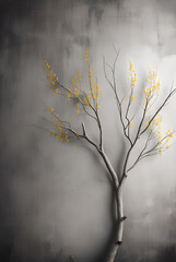 Photo wallpaper, wallpaper, mural design in the loft, classic, modern style. Willow branches on a gray concrete grunge wall, Generative AI