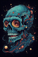 illustration universe liquid dead human skeleton head zombie skull in the dark created with Generative AI technology.