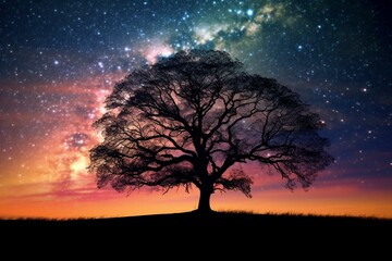 Fototapeta na wymiar silhouette of tree against sky with galaxy. Generative AI