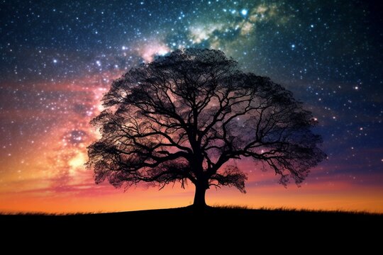 silhouette of tree against sky with galaxy. Generative AI