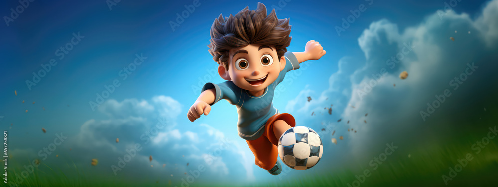 Wall mural football or soccer player boy running fast and kicking a ball while training and playing a match, dynamic active pose of kids and children success in sports championship in cartoon style wide banner