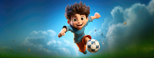 football or soccer player boy running fast and kicking a ball while training and playing a match, dynamic active pose of kids and children success in sports championship in cartoon style wide banner