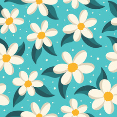 Fototapeta na wymiar cute white flowers on teal seamless vector pattern, great for textile, scrapbook, wallpaper