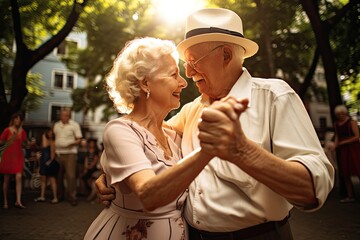 An elderly couple in their 60s and 70s, deeply in love, enjoys a romantic dance in the park. - obrazy, fototapety, plakaty