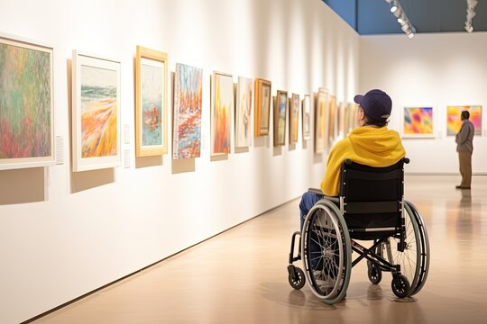 A Caucasian woman with a disability in a wheelchair enjoys a visit to art museum.