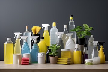 A closeup of a variety of colorful household cleaning products and tools, promoting hygiene and cleanliness. - obrazy, fototapety, plakaty