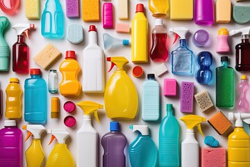 A collection of cleaning products and tools in various containers, promoting hygiene and cleanliness for household chores.