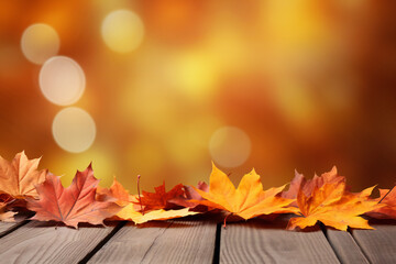 Naklejka na ściany i meble Autumn maple leaves on wooden table. Falling leaves natural background Generative AI