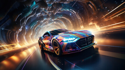Naklejka premium A car drives in space on a rainbow road, Generative AI
