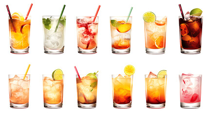 Collection of drinks isolated on white background