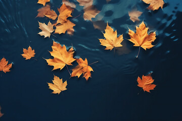 Autumn background. bright yellow-orange fallen maple leaves in dark blue water. autumn atmosphere image. symbol of fall season. flat lay. template for design Generative AI
