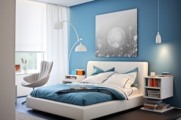 Modern small space bedroom interior for a student or young couple with contemporary furniture. Space optimization ideas