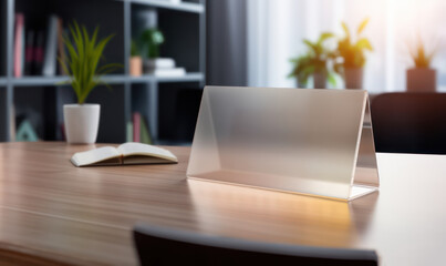 empty stylish modern and minimal frosted glass name tag or place card mockup made of transparent acrylic see through for reception message and table display signs