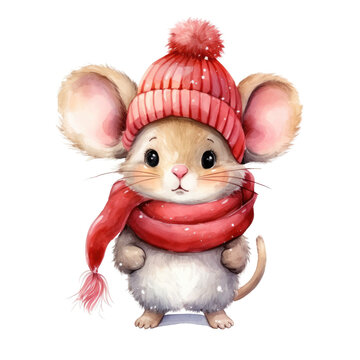 Watercolor cute mouse in a scarf and red hat isolated on a transparent background, christmas art