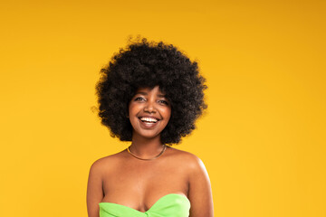 Beauty Girl with delicate natural Makeup smiling to the camera. Glamour young woman with afro...