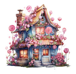 Watercolor illustration of a cute house made of sweets and candies. Generative AI, png