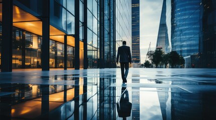 double exposure of business people walking on busy street of modern city, office buildings corporate background