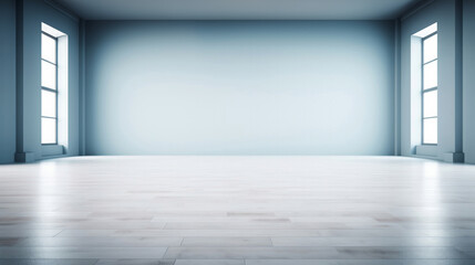 Minimal abstract empty interior background. Large windows, wooden floor.Minimal abstract empty interior background. Blue walls, wooden floor.