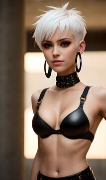 Modern trend girl, checker style short top, latex, leather, sexy model beautiful pose, short stylish hair, Generative AI