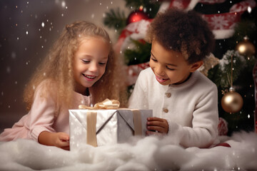 Fototapeta na wymiar Happy little Caucasian sister and African american brother opening Christmas gift box. Cheerful children with xmas present. Winter holidays