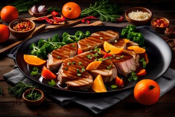 Veal fillet - stir fry with oranges and paprika in sweet and sour sauce on a wooden table