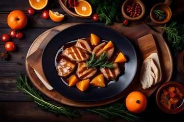 Veal fillet - stir fry with oranges and paprika in sweet and sour sauce on a wooden table