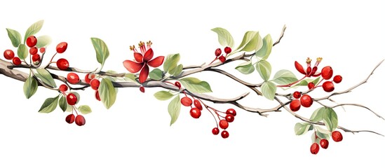 Fototapeta premium Hand drawn watercolor of honeysuckle with berries With copyspace for text