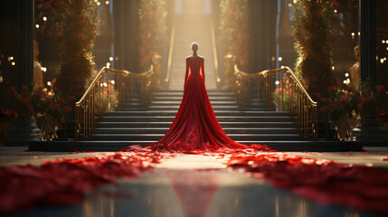 The woman in a long red dress stands in front of the illuminated and richly decorated staircase, generative AI