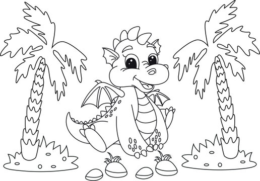 Cute baby dragon, simple thick lines kids or preschool children cartoon coloring book pages. clean drawing illustration.