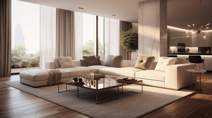 Fototapeta premium Modern Living Room: Sleek Gray Sofa Amidst Contemporary Decor