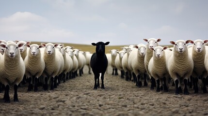 One black sheep in a row of white sheeps.