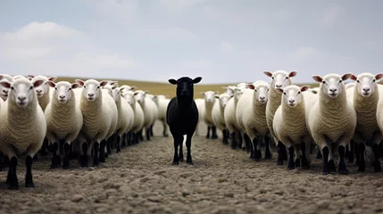 Fotobehang One black sheep in a row of white sheeps. © kept