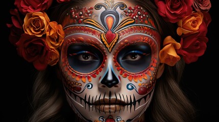 Portrait of a person adorned with Day of the Dead face paint.