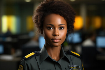 Smiling African-American female security guard in control room, closeup portrait - obrazy, fototapety, plakaty