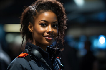 Obraz na płótnie Canvas Smiling African-American female security guard in control room, closeup portrait