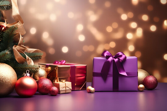 colorful wrapped christmas gifts in pink, purple and gold with christmas decorations in front of a pink bokeh background with space for text, christmas background