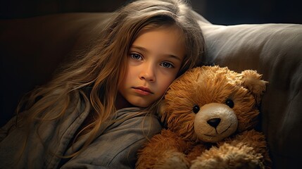 An image of a little girl sitting on a cozy sofa and hugging his teddy bear.